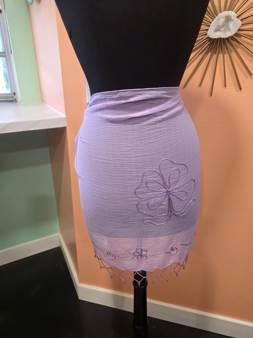 Vintage Y2K Sheer Shawl Lavender Embroidered Wrap Scarf Beaded Fringe